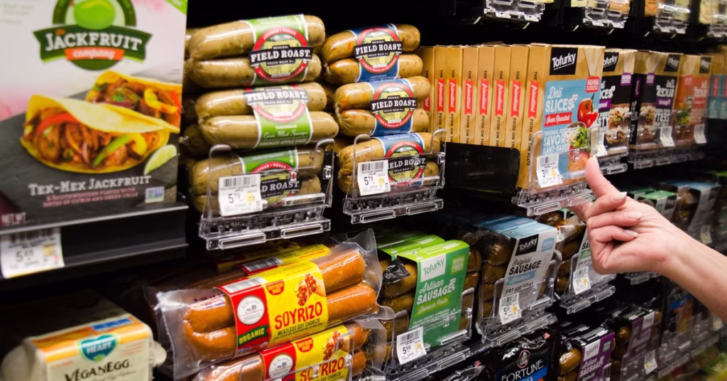 plant-based meats in a pusher tray system