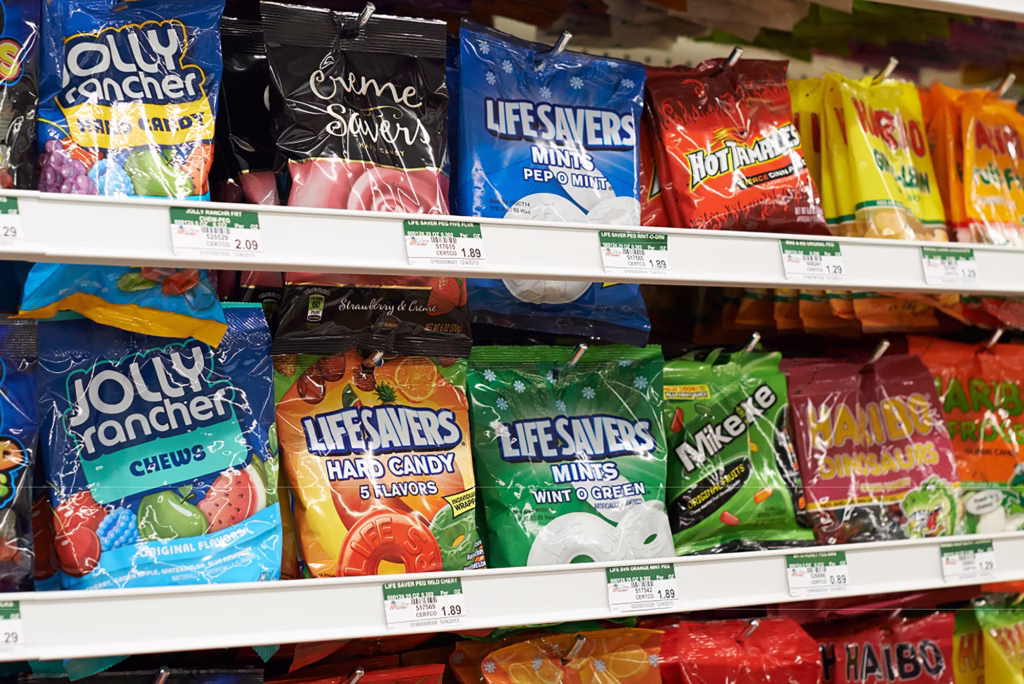 bags of candy on shelves