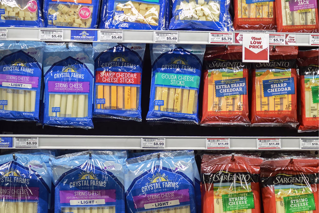 bags of cheese sticks hanging from pegs