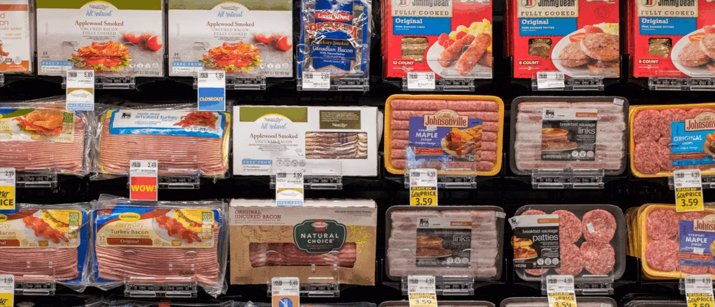 Neatly organized and well stocked retail meat cooler